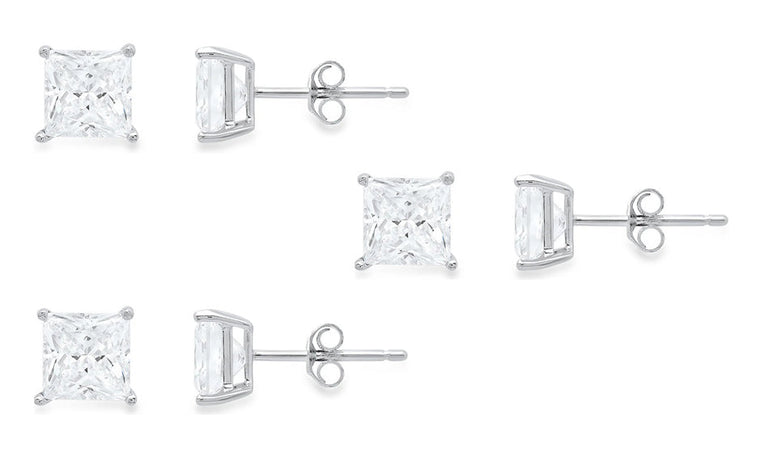 10k White Gold Plated Created White Sapphire 1/2Ct Princess Cut Set Of Three Stud Earrings