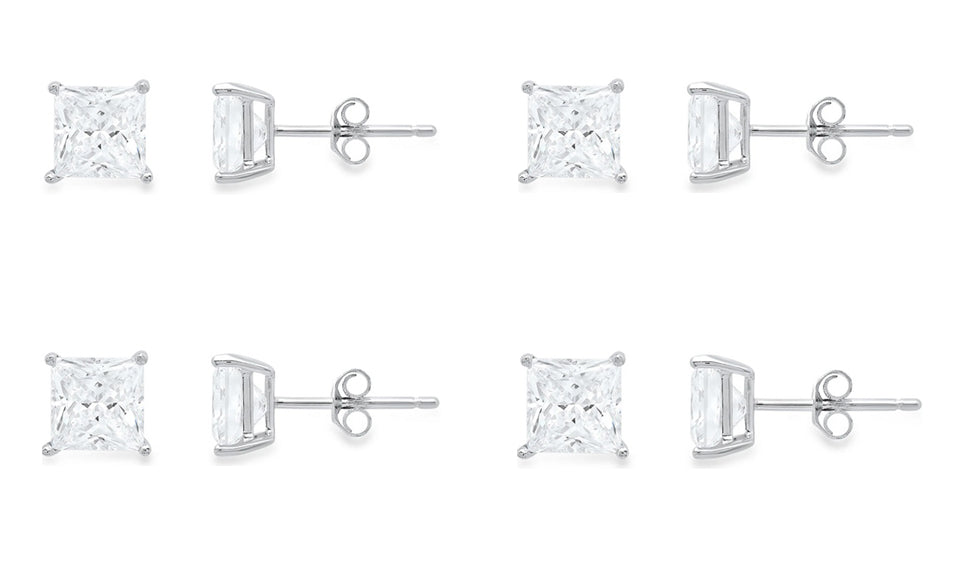 10k White Gold Plated Created White Sapphire 2Ct Princess Cut Set Of Four Stud Earrings