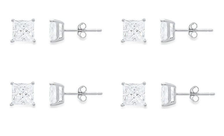 10k White Gold Plated Created White Sapphire 1/2Ct Princess Cut Set Of Four Stud Earrings