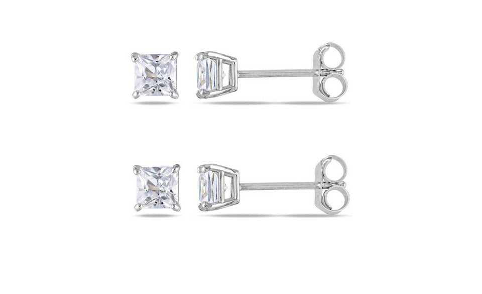 10k White Gold Plated Created White Sapphire 4Ct Square Cut Set of Two Stud Earrings