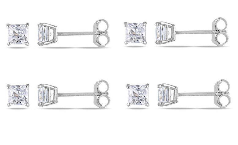 18k White Gold Plated Created White Sapphire 3Ct Square Cut Set of Four Stud Earrings