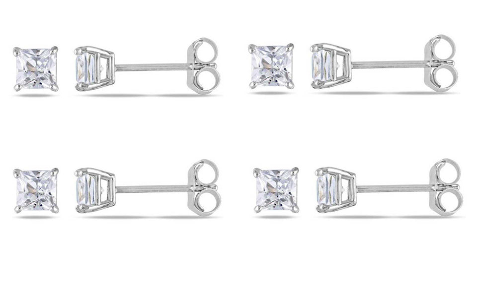 18k White Gold Plated Created White Sapphire 2Ct Square Cut Set of Four Stud Earrings