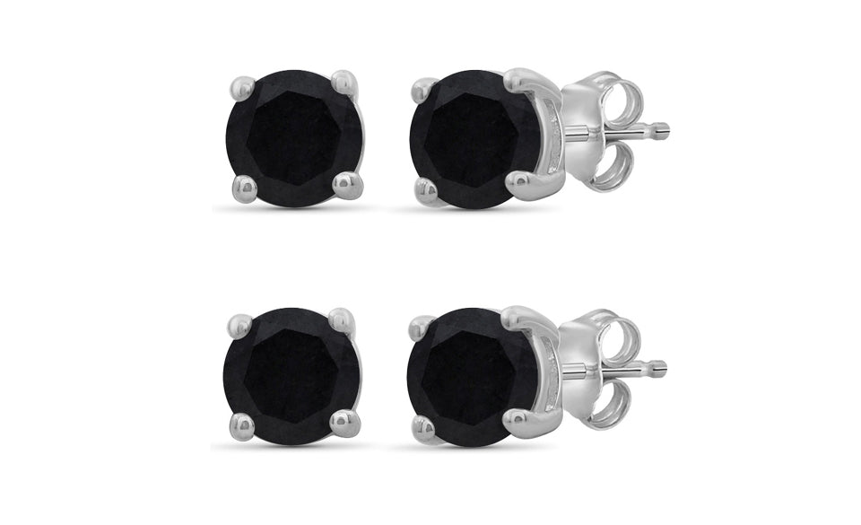 18k White Gold Plated Created Black Sapphire 2Ct Round Set of Two Stud Earrings