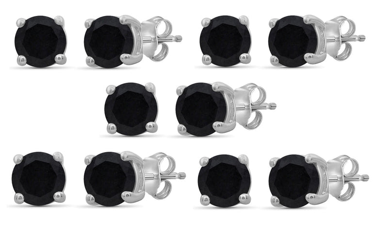 18k White Gold Plated Created Black Sapphire 2Ct Round Set of Five Stud Earrings