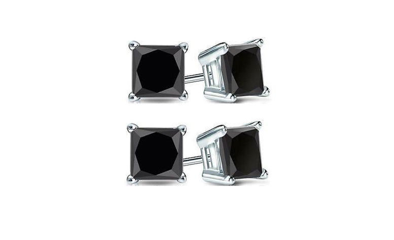 18k White Gold Plated Created Black Sapphire 2Ct Princess Cut Pack of Two Stud Earrings