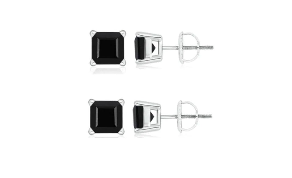10k White Gold Plated Created Black Sapphire 2Ct Square Cut Pack of Two Stud Earrings