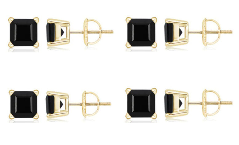 10k Yellow Gold Plated Created Black Sapphire 4Carat Square Cut Pack of Four Stud Earrings