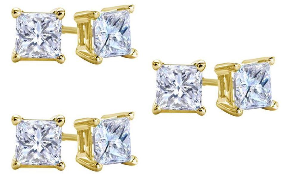 10k Yellow Gold Plated Created White Sapphire 3 Carat Square Cut Pack of Three Stud Earrings