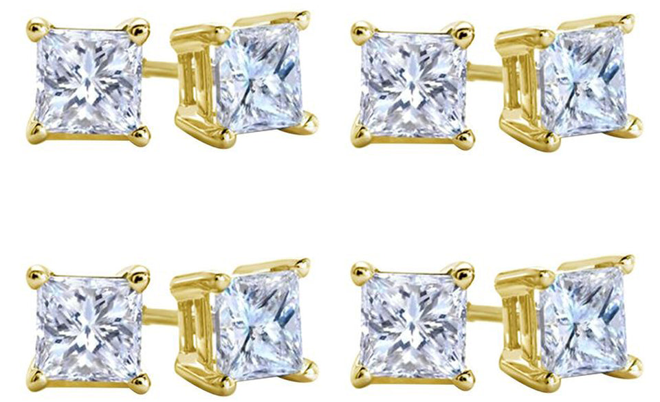 10k Yellow Gold Plated Created White Sapphire 4 Carat Square Cut Pack of Four Stud Earrings