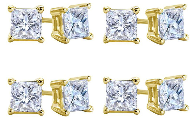 10k Yellow Gold Plated Created White Sapphire 2 Carat Square Cut Pack of Four Stud Earrings