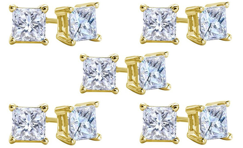 10k Yellow Gold Plated Created White Sapphire 2 Carat Square Cut Pack of Five Stud Earrings