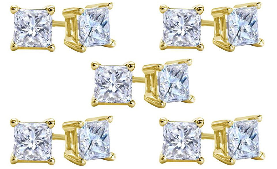10k Yellow Gold Plated Created White Sapphire 1 Carat Square Cut Pack of Five Stud Earrings