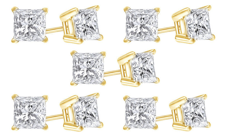 18k Yellow Gold Plated Created White Sapphire 2 Carat Princess Cut Pack of Five Stud Earrings