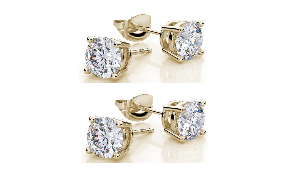 18k Yellow Gold Plated Created White Sapphire 2 Carat Round Pack of Two Stud Earrings
