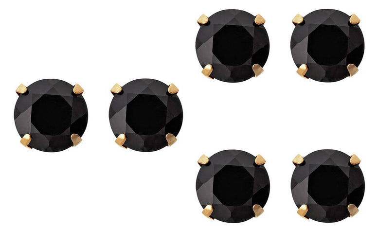 10k Yellow Gold Plated Created Black Sapphire 2 Carat Round Pack of Three Stud Earrings