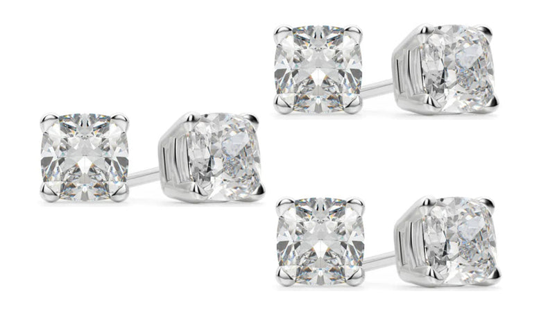 14k White Gold 2Ct Cushion Cut White Sapphire Set Of Three Stud Earrings Plated