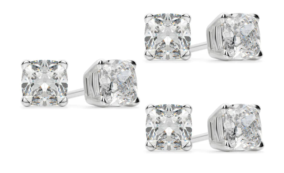 14k White Gold 4Ct Cushion Cut White Sapphire Set Of Three Stud Earrings Plated