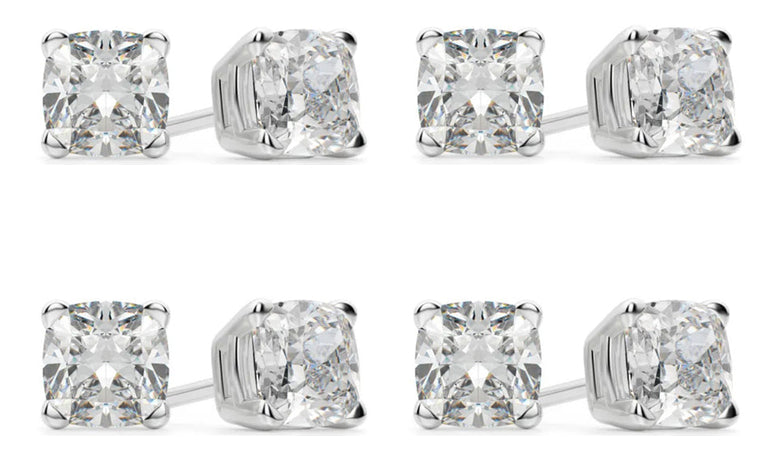 14k White Gold 2Ct Cushion Cut White Sapphire Set Of Four Stud Earrings Plated