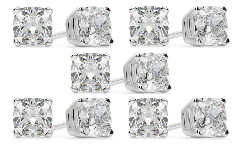 14k White Gold 6mm 3Ct Cushion Cut White Sapphire Set Of Five Stud Earrings Plated