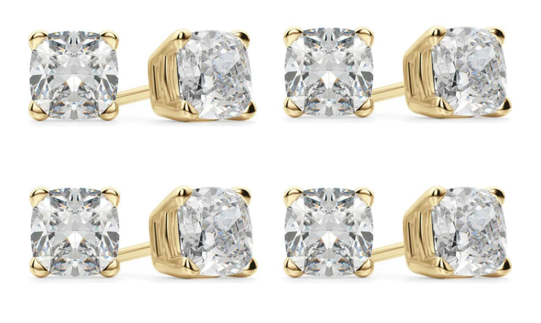 14k Yellow Gold 4mm 3Ct Cushion Cut White Sapphire Set Of Four Stud Earrings Plated
