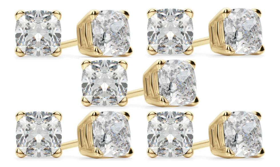 14k Yellow Gold 4mm 3Ct Cushion Cut White Sapphire Set Of Five Stud Earrings Plated