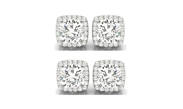 14k White Gold 6mm 1Ct Cushion Cut White Sapphire Set Of Two Halo Stud Earrings Plated