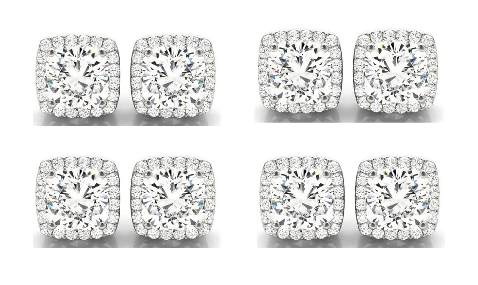 14k White Gold 6mm 3Ct Cushion Cut White Sapphire Set Of Four Halo Stud Earrings Plated