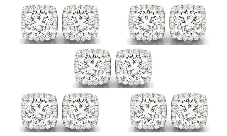 14k White Gold 6mm 3Ct Cushion Cut White Sapphire Set Of Five Halo Stud Earrings Plated