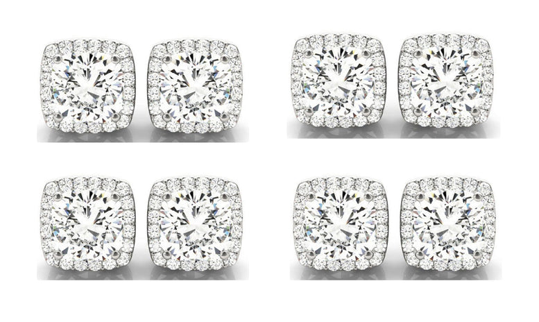 18k White Gold 6mm 1Ct Cushion Cut White Sapphire Set Of Four Halo Stud Earrings Plated