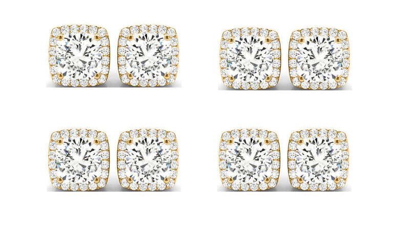 18k Yellow Gold 6mm 3Ct Cushion Cut White Sapphire Set Of Four Halo Stud Earrings Plated