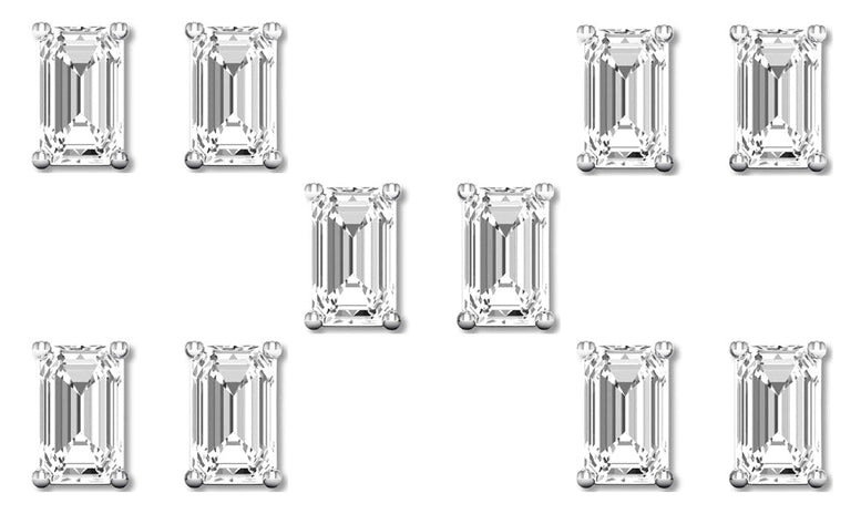 18k White Gold 1Ct Emerald Cut White Sapphire Set Of Five Stud Earrings Plated