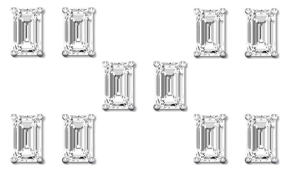 14k White Gold 1/2Ct Emerald Cut White Sapphire Set Of Five Stud Earrings Plated