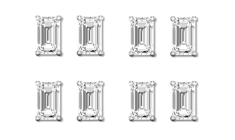 18k White Gold 6mm 3Ct Emerald Cut White Sapphire Set Of Four Stud Earrings Plated