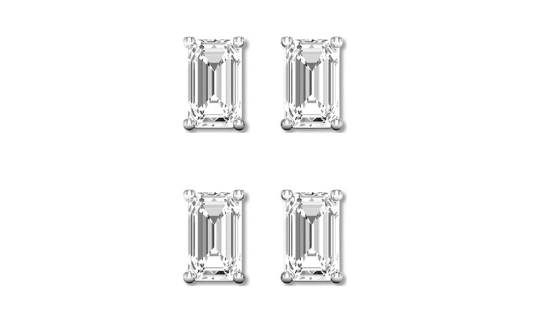 18k White Gold 6mm 2Ct Emerald Cut White Sapphire Set Of Two Stud Earrings Plated