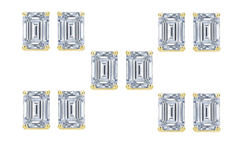 18k Yellow Gold 6mm 1/2Ct Emerald Cut White Sapphire Set Of Five Stud Earrings Plated