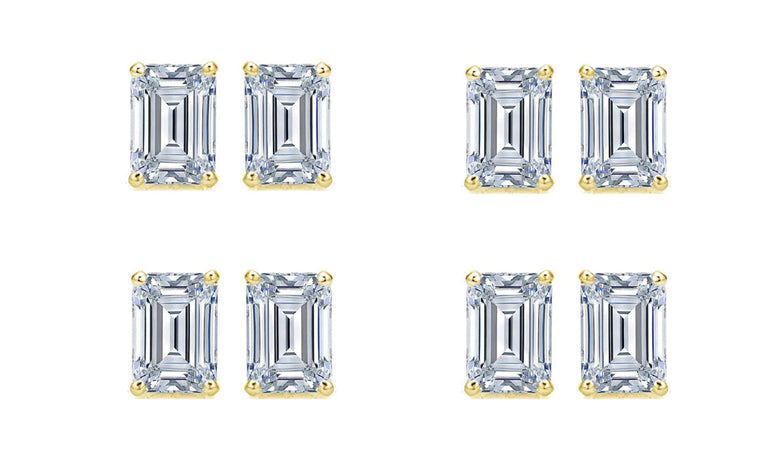 18k Yellow Gold 6mm 3Ct Emerald Cut White Sapphire Set Of Four Stud Earrings Plated