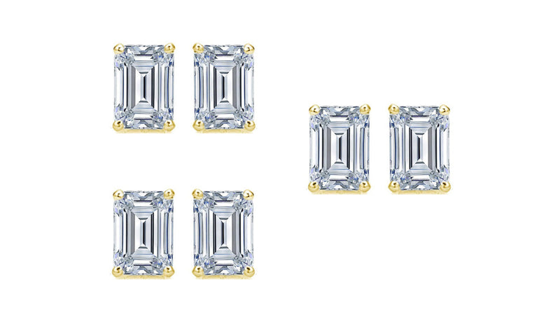 18k Yellow Gold 4mm 1/2Ct Emerald Cut White Sapphire Set Of Three Stud Earrings Plated