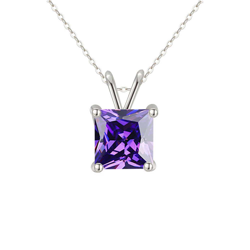 18K White Gold 4 Carat Created Amethyst Princess Stud Necklace Plated 18 inch