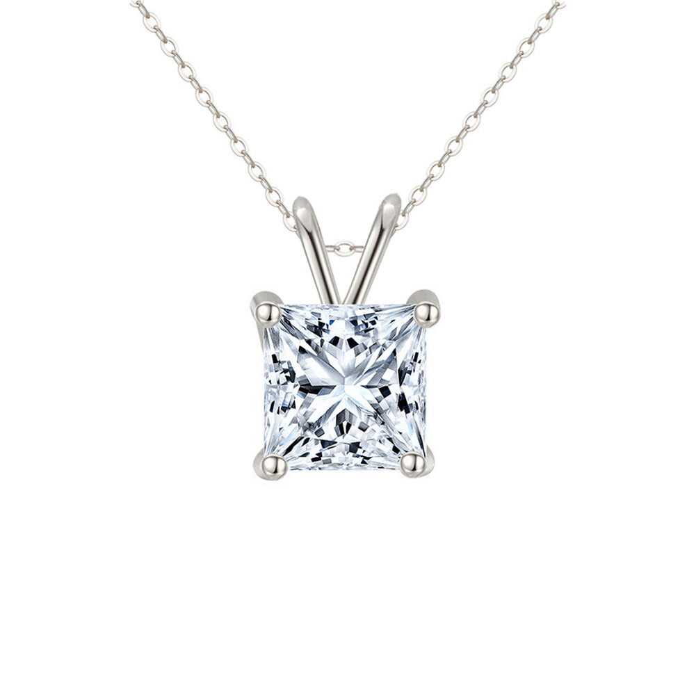 18K White Gold 3 Carat Created Cubic Zirconia Princess Stud Necklace Plated 18 inch