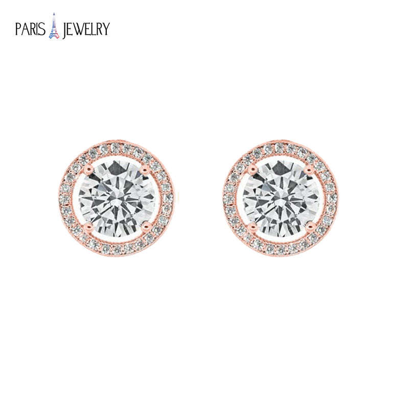 Paris Jewelry 18K Rose Gold Created White Sapphire 4Ct Halo Round Stud Earrings Plated