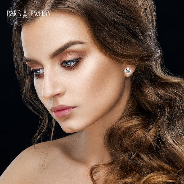 Paris Jewelry 18K Rose Gold Created White Sapphire 4Ct Halo Round Stud Earrings Plated