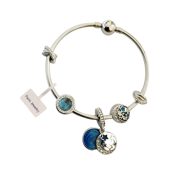 18K White Gold Star Charm Bracelet Set with Beads and Snake Chain Plated