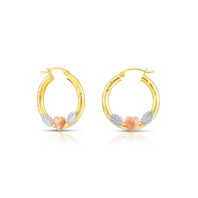 14k Tri Color Gold Hoop with Hearts and Diamond Cut