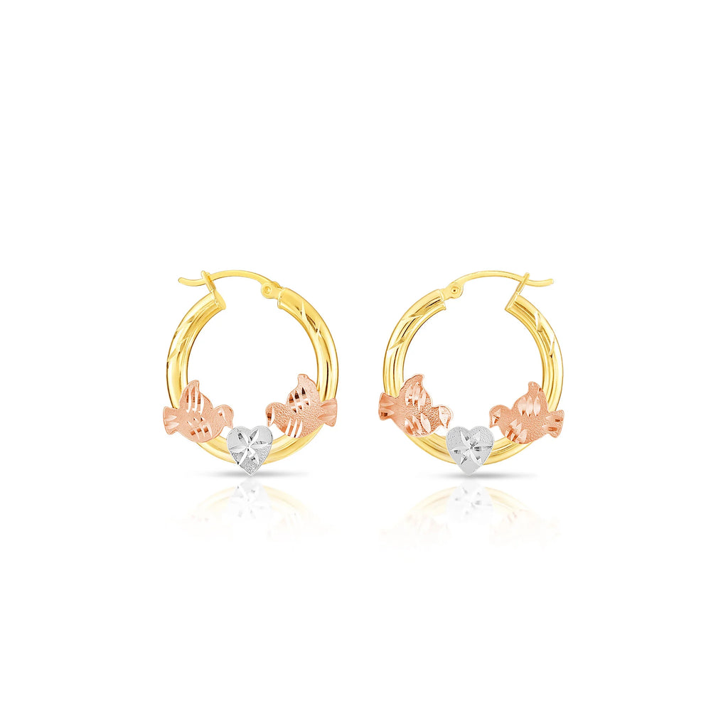 14K Gold Tri-Color Hoop with Birds and Diamond Cut Design
