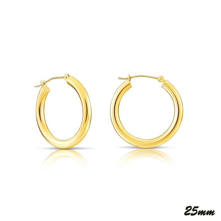 14K Yellow Gold Plain Hoops - 3MM Tube