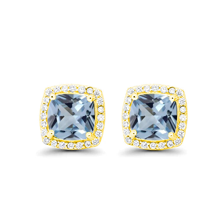 18k Yellow Gold Plated 1/4 Ct Created Halo Princess Cut Aquamarine Stud Earrings 4mm