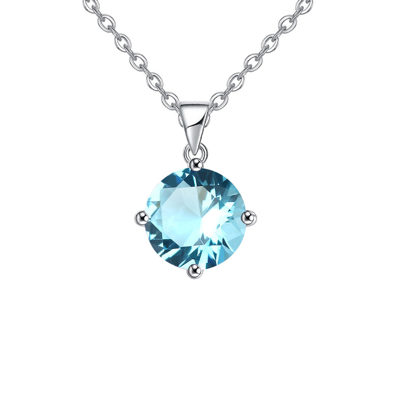 18K White Gold 4 Carat Created Aquamarine Round Stud Necklace Plated 18 inch