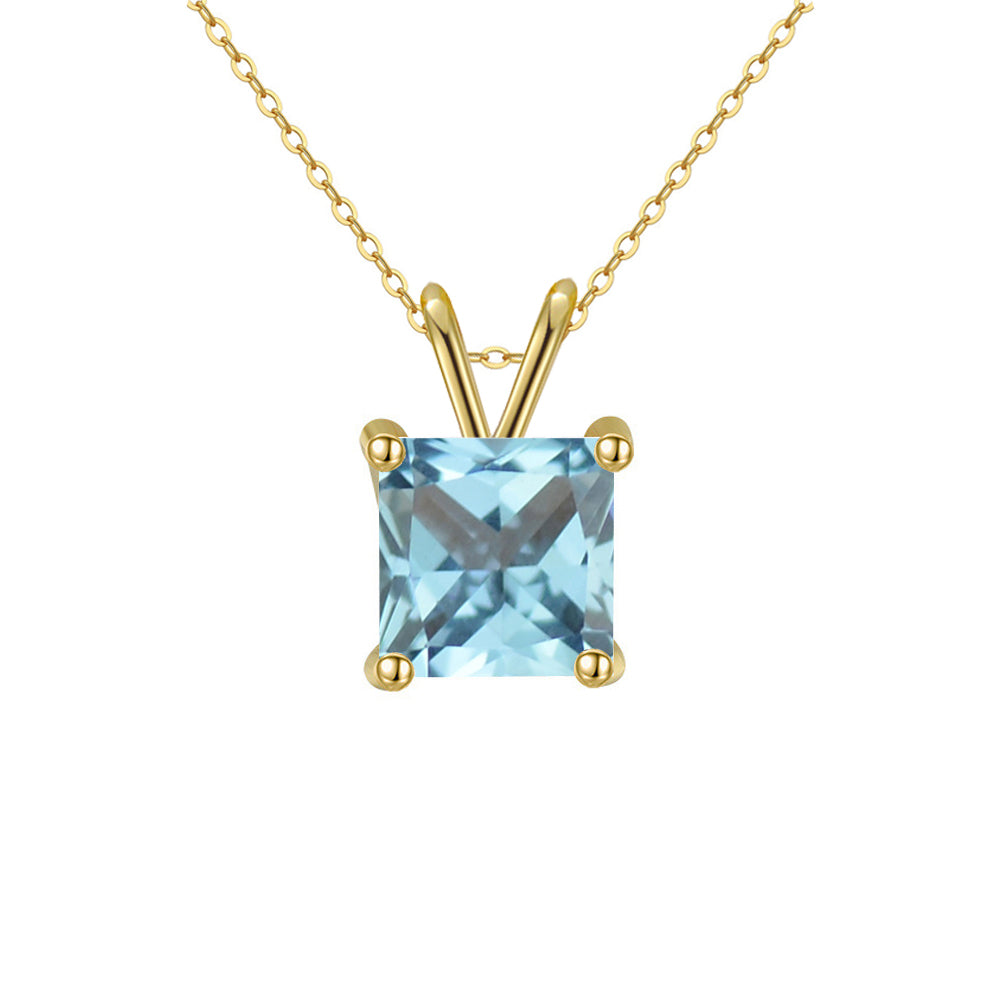 18K Yellow Gold 1 Carat Created Aquamarine Princess Stud Necklace Plated 18 inch