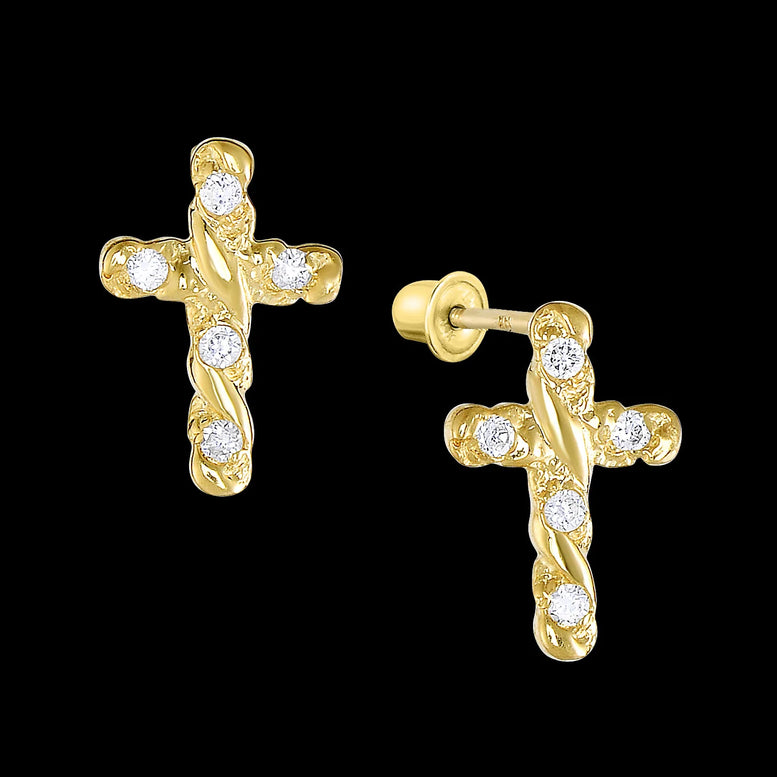 14k Yellow Gold CZ Cross Stud Earrings