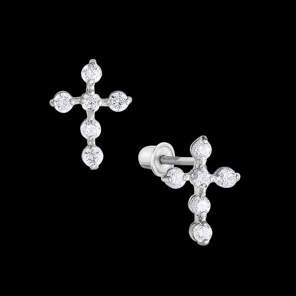 14k White Gold CZ Cross Stud Earring